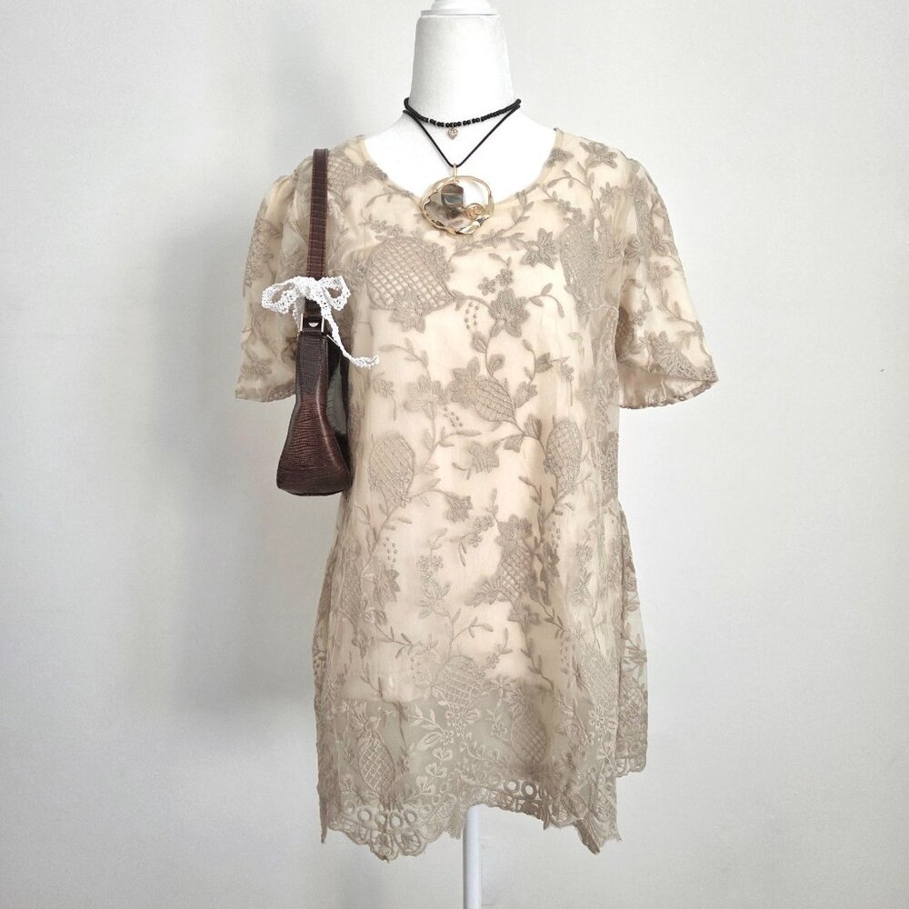 Pretty Angel Embroidered Lace Linen Dress‎ Medium Y2K Fairy Coquette Beige Tunic